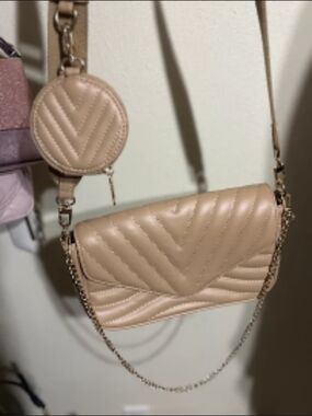 Chic Quilted Crossbody with Round Coin Pouch - Beige